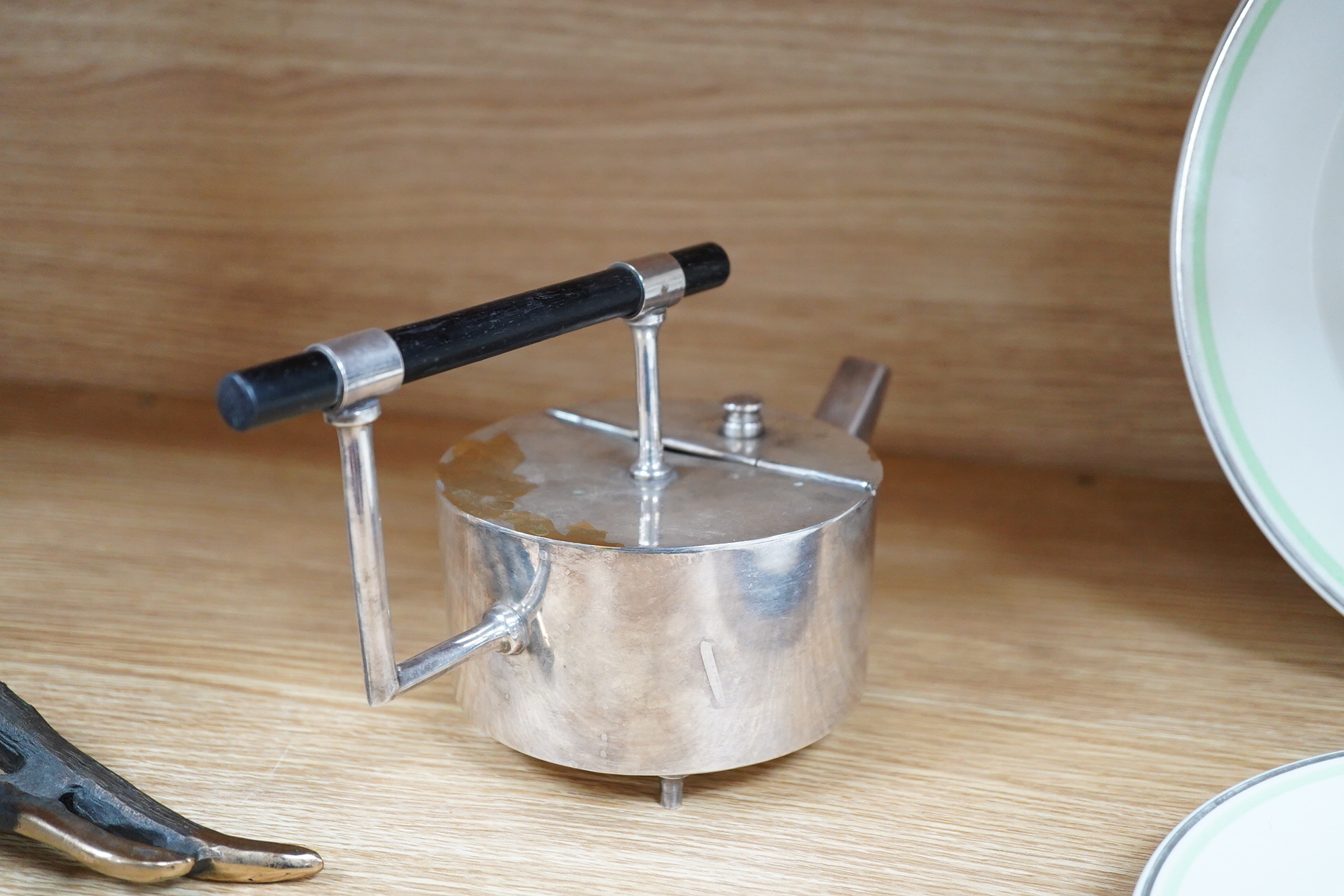 A reproduction modernist Christopher Dresser plated kettle, 24cm wide